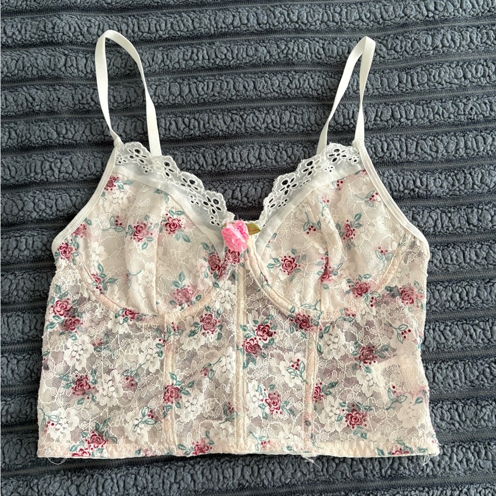 SHEIN Floral Lace Bralette with Pink and Red Details